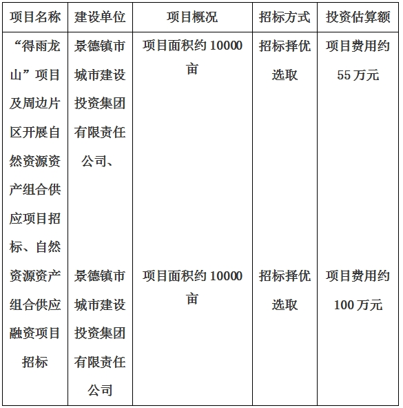 景德鎮(zhèn)市“得雨龍山”項目及周邊片區(qū)開展自然資源資產(chǎn)組合供應(yīng)項目、自然資源資產(chǎn)組合供應(yīng)融資項目招標(biāo)計劃公告
